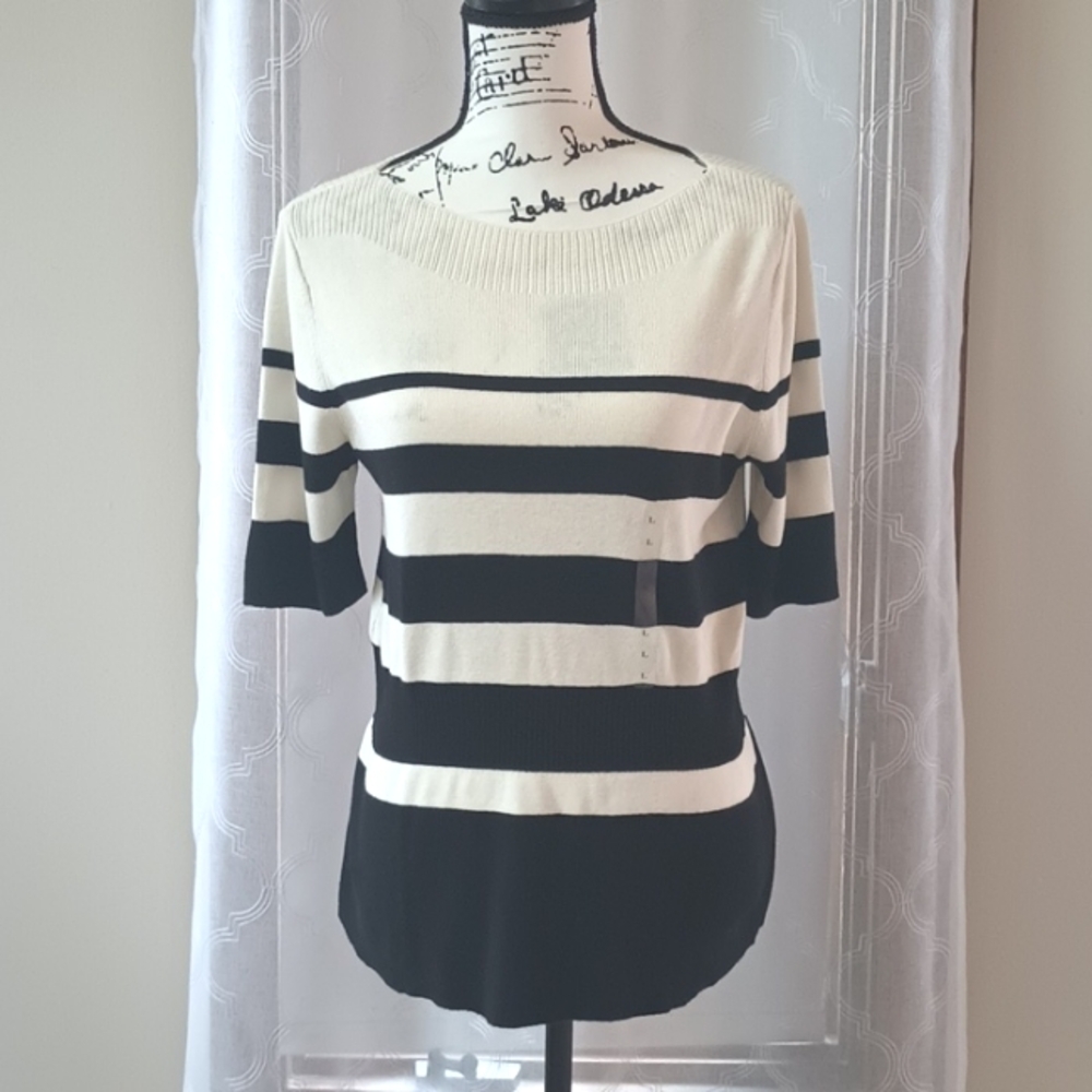 Ann Taylor Cream & Black Striped Short Sleeve Sweater